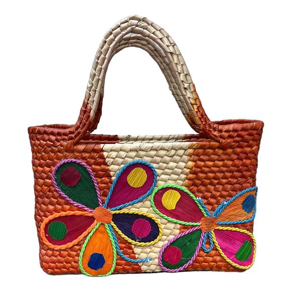 Mexican Natural Weaved Straw Tote Bag HANDMADE Zipper Orange Floral Palm Small - Picture 1 of 4